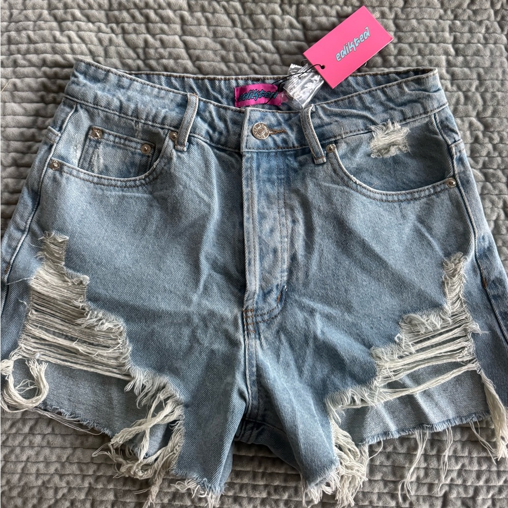 Edikted Light Blue Distressed Jean Shorts